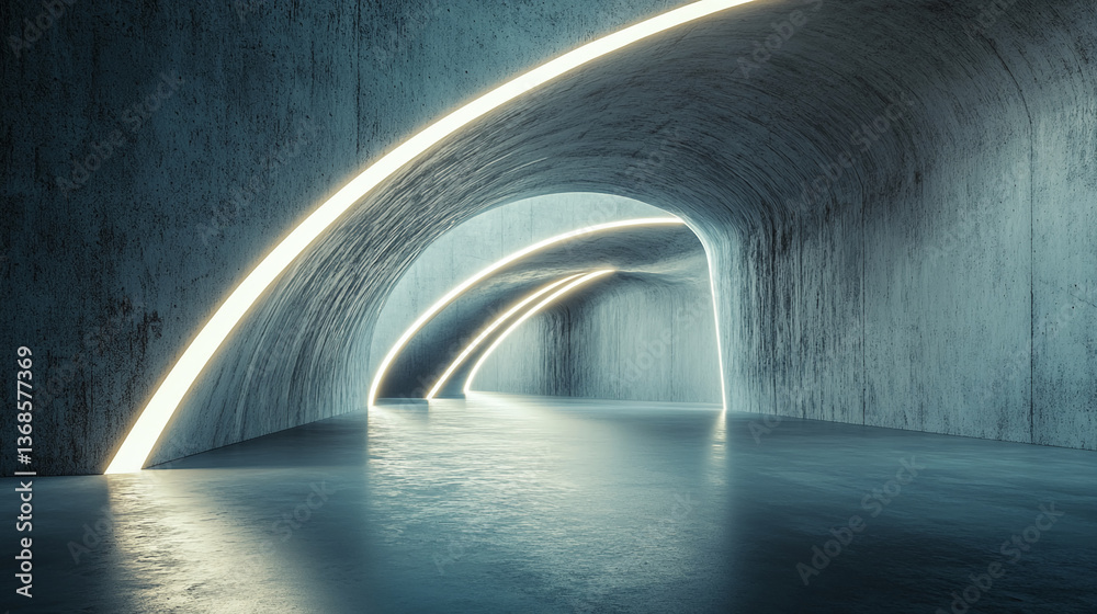 Poster Abstract image of concrete tunnel with glowing arches showcasing modern, minimalist design concept suitable for architectural or futuristic themes offering ample free space for text, product placement