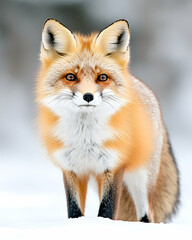 Fototapeta premium Red fox standing in snowy landscape, gazing directly at camera