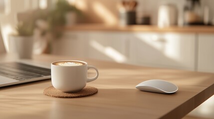 Coffee cup on a cozy desk beside a laptop with warm sunlight streaming through a window in a modern kitchen