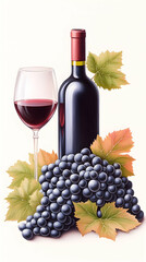 Red wine bottle, glass, and grapes