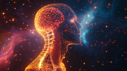 Glowing head and neck profile, formed from particles, set against a dark background with light flares.  Symbolizes connection, mind, or consciousness.