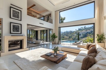 Modern bright white living room with large windows, fireplace, and black-framed art. Minimalist neutral-tone furniture, beige sofa, and scenic view of the Hollywood Hills.
