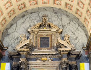 Ajaccio, Corsica, France July 8, 2024: Cathedral Notre-Dame de l'Assomption, Franciscus Xaverius memorial sculpture with cross and angels
