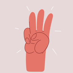 Vector illustration of a hand showing three fingers, number three gesture, counting sign, hand symbol, body language, expressive gesture, success, communication, positive sign, attention.