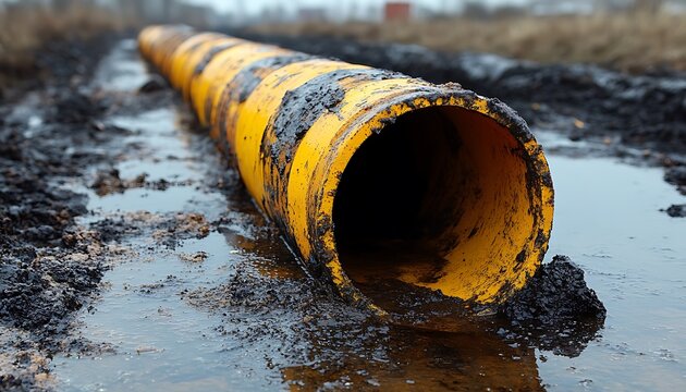 A long yellow pipe lies in muddy water of construction