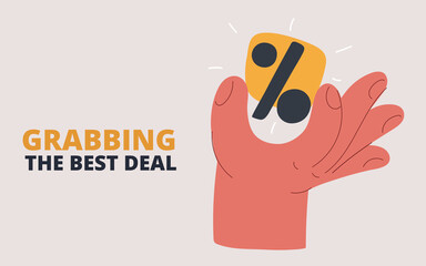 Cartoon vector illustration of a hand playfully holding a percent symbol, representing financial growth, success, and ongoing progress in the world of business and investment
