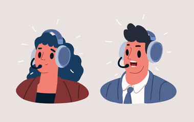 Cartoon vector illustration of two portraits, a man and a woman, both wearing headsets, representing efficient support and customer service, symbolizing help and assistance.