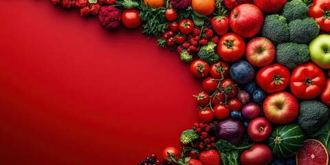Fresh and vibrant arrangement of colorful fruits and vegetables on a red background showcasing a healthy lifestyle