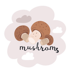 Cartoon vector illustration of three champignon mushrooms, showcasing their unique caps and stems in a fun, whimsical style.