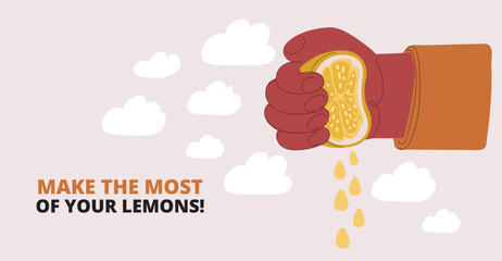 Cartoon vector illustration of a hand squeezing fresh orange juice, bursting with zest and the vibrant essence of natural freshness.