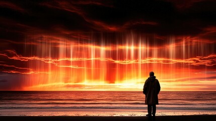 Fototapeta premium Solitary Figure at Fiery Sunset Seascape