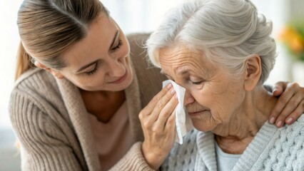 Caring woman comforts elderly woman wiping away tears indoors  