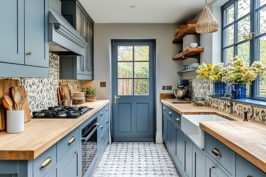 Traditional English cottage kitchen with light blue cabinets, wooden benchtops, and white tiled floors. Geometric patterned backsplash and grey door with window enhance the cozy charm.
