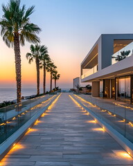 Obraz premium Illuminated walkway leading to modern luxury villa at sunset