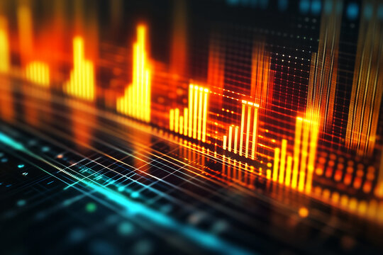 Abstract image of glowing orange and teal digital bars, resembling a dynamic data visualization or audio equalizer, showcasing technological advancement and progress