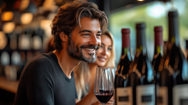 man enjoys glass of red wine while smiling at woman in cozy wine bar. is warm and inviting, with bottles of wine displayed prominently