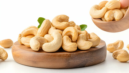 Roasted cashew nuts on wooden plate, isolated