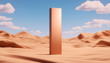 Rose gold monolith standing tall in a desert landscape under a partly cloudy sky