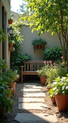 Small garden path with a wooden bench and potted plants, concept of peaceful retreat