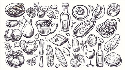 A detailed line art illustration of various food items and kitchen utensils on a white background