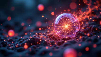 Fototapeta premium Illustration of Nicotinamide Adenine Dinucleotide with fiery energy particles around a glowing core.