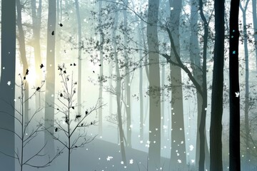 Ethereal misty forest scene with sunlight and delicate branches - nature and tranquility concept