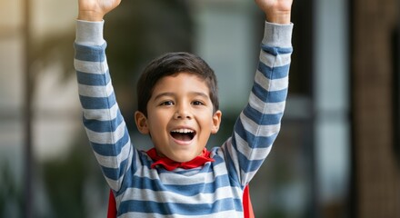Joyful hispanic boy in striped shirt pretending to be a superhero with cape