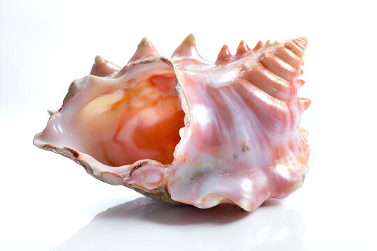 Beautiful pink conch shell with a rare and lustrous conch pearl nestled inside it. The shell is positioned against a clean, white background,