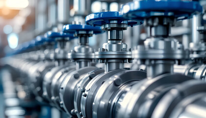 High-quality close-up of stainless steel ball valves with blue handles, aligned in a row, showcasing industrial pipeline components in a factory setting.