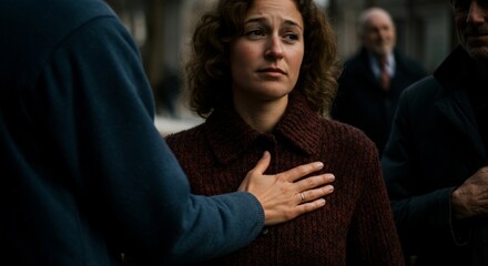 Caucasian woman comforted by friend in urban setting