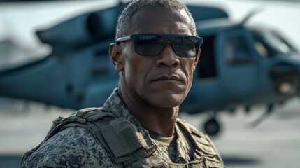 Fototapeta premium Military officer wearing sunglasses stands confidently in front of a helicopter on an airfield during daylight hours