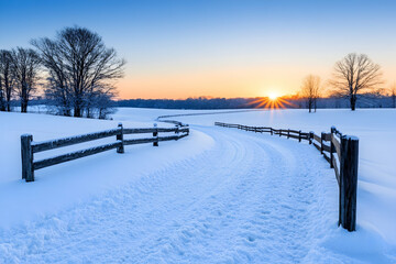 Scenic winter sunrise over snow-covered field with winding path and wooden fence