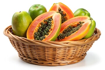 Ripe papaya halves and whole unripe papayas in a wicker basket on white background healthy tropical fruit