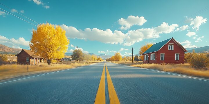 A long rural road passes houses and trees on a sunny day