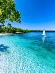 Secluded tropical beach with sailboat and crystal-clear turquoise water