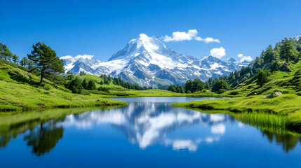 Serene alpine lake reflecting snow-capped mountains under a vibrant blue sky
