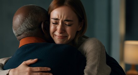 Obraz premium Emotional hug between african elderly male and caucasian female adult in comforting moment