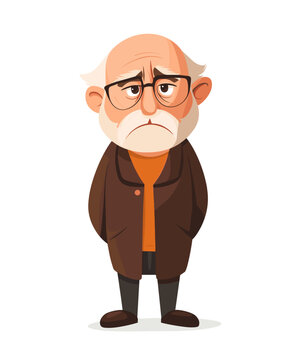 Grumpy old European man with a humorous frown stands with crossed arms in a cozy cafe setting