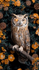 Majestic Owl Perched Among Blossoms with Intricate Artistic Details and Nature's Beauty.