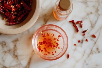 Fototapeta premium Minimalistic chili infused honey on marble surface for gourmet recipes and culinary inspiration