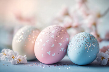 Elegant Pastel Colored Easter Eggs with Delicate Brushstrokes in a Soft Holiday Spring Theme, Generative AI