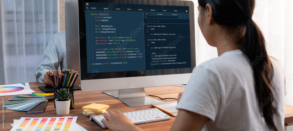 Aufkleber Software development programming on computer screen for brisk application and program coding