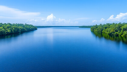 Obraz premium Serene lake nestled between lush green rainforests under a vibrant blue sky