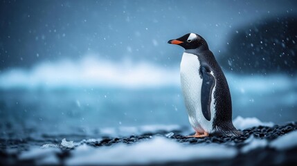 Obraz premium A lone penguin bravely facing a blizzard