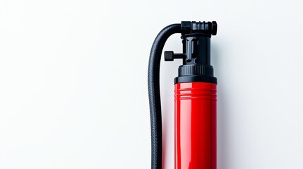 Red fire extinguisher with black nozzle positioned on a plain white background