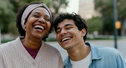 Obraz premium Joyful african mature female and hispanic young male sharing a laugh outdoors