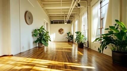 Bright indoor area adorned with large windows allowing natural light to fill the space. Lush green plants enhance the calming atmosphere, perfect for relaxation or social gatherings