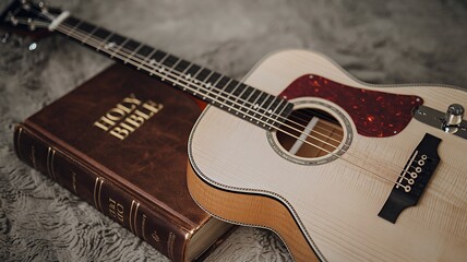 A gentle acoustic guitar rests peacefully atop a worn Holy Bible, a scene of quiet faith and musical devotion in soft, warm lighting.
