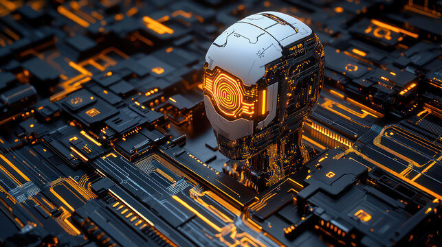 futuristic robot head with glowing circuits on dark, intricate background. design features blend of technology and artistry, advanced AI concepts