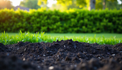 Lush garden bed with black mulch in sunlight, vibrant landscaping